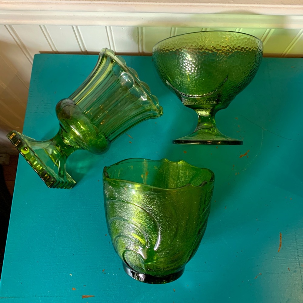 Vintage Green Glassware Catch All Bowls Planters Dishes Set of 3
